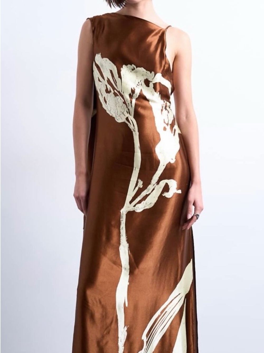 Topshop ruched side midi dress with drape back detail in brown and lime floral
